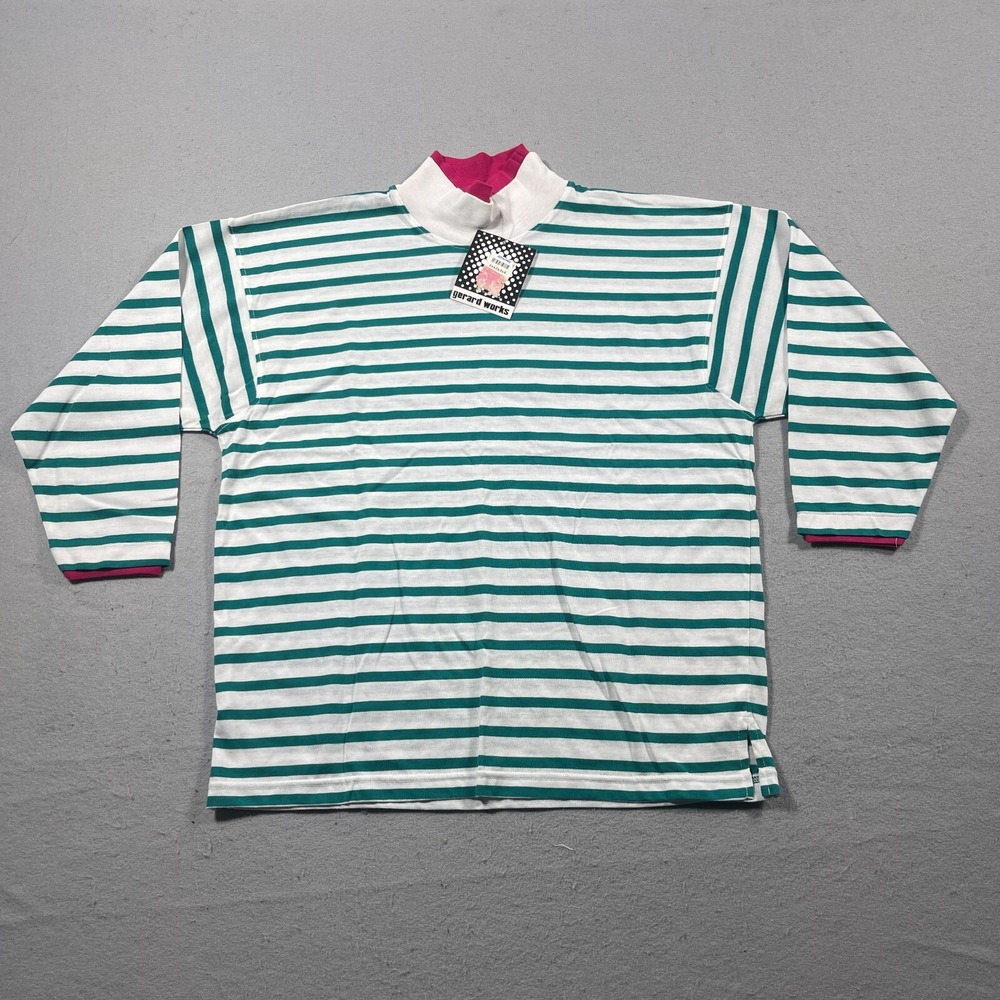 Gerard Works Striped Mock Neck Top Women S Green White Pink Trim Vintage 90s NWT